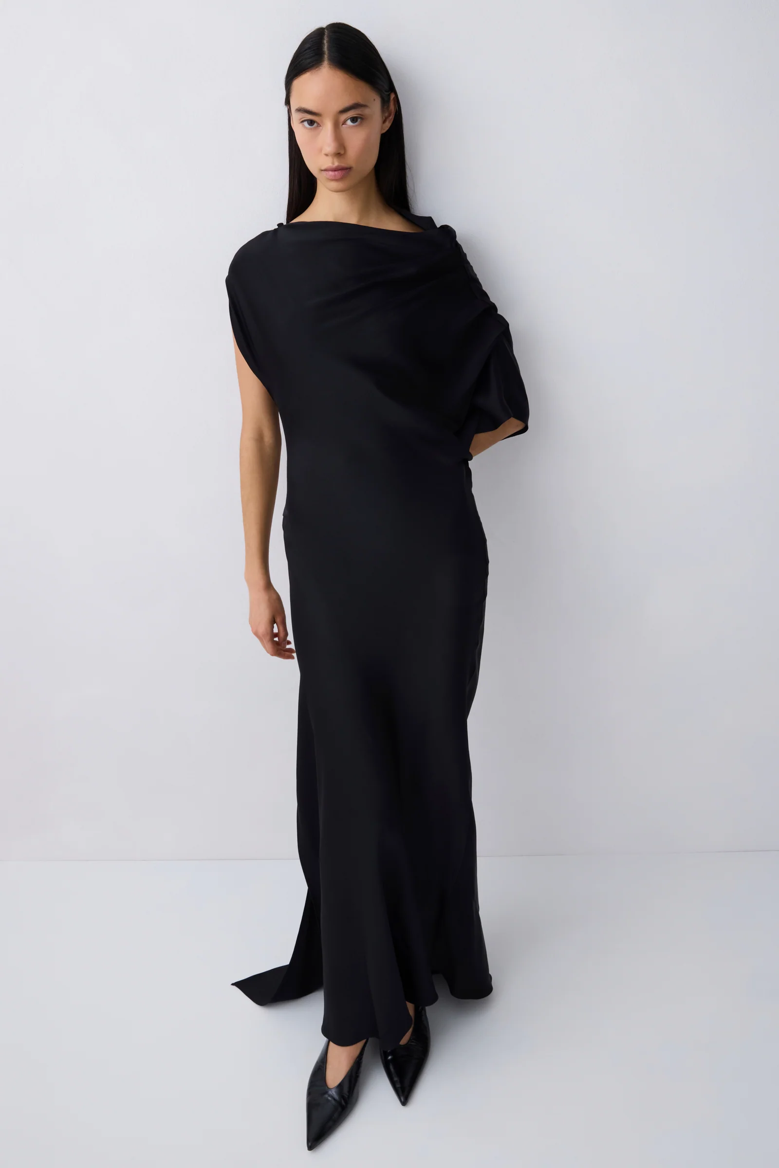 BLACK SATIN CREPE DECODE DRESS - Image 3