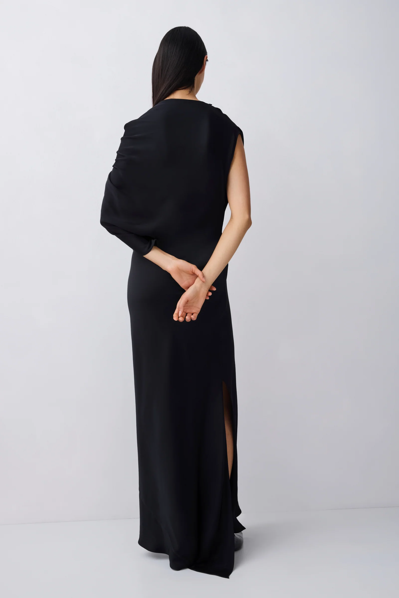 BLACK SATIN CREPE DECODE DRESS - Image 4