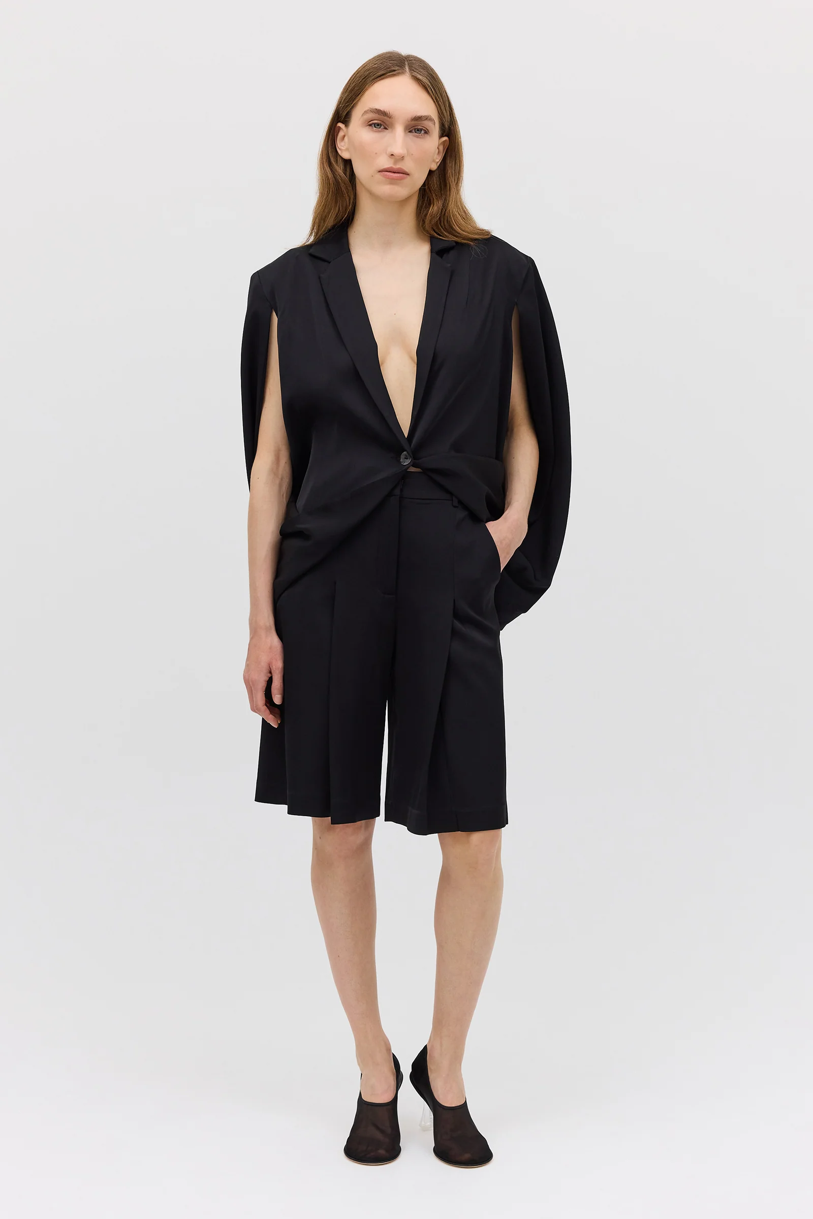 BLACK SATIN SUITING CURRENT CAPE JACKET - Image 3