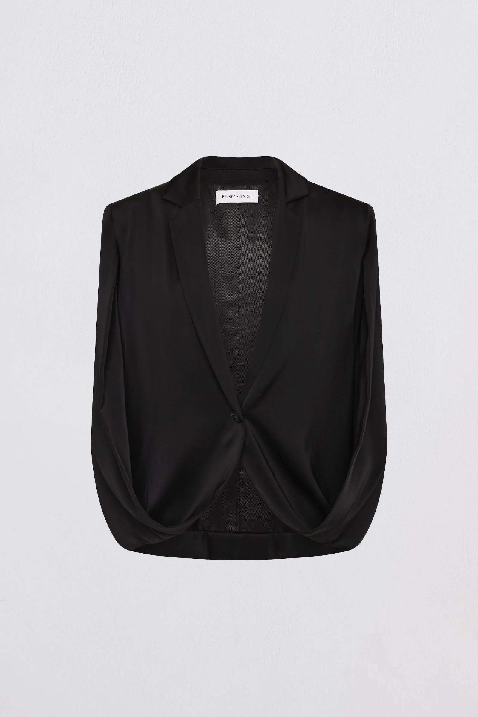 BLACK SATIN SUITING CURRENT CAPE JACKET - Image 9