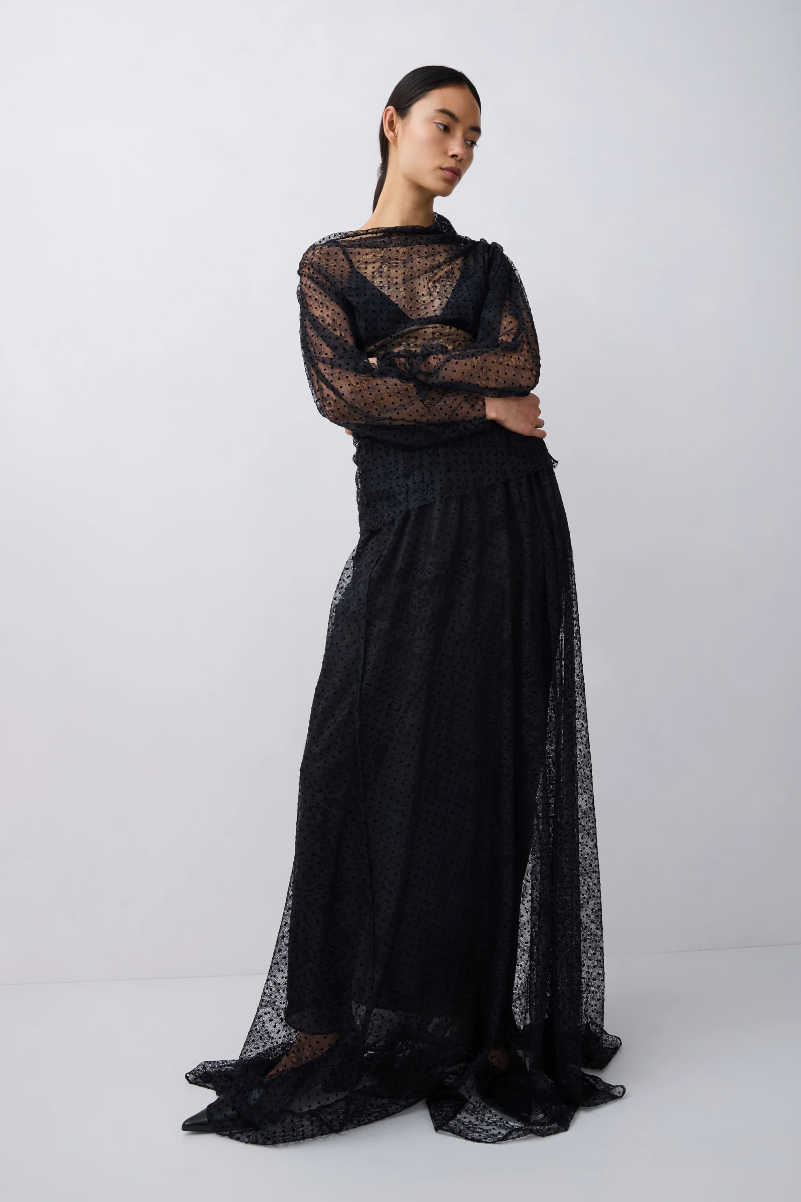 BLACK SPOT LACE DECODE LONG SLEEVE TOP - Image 3