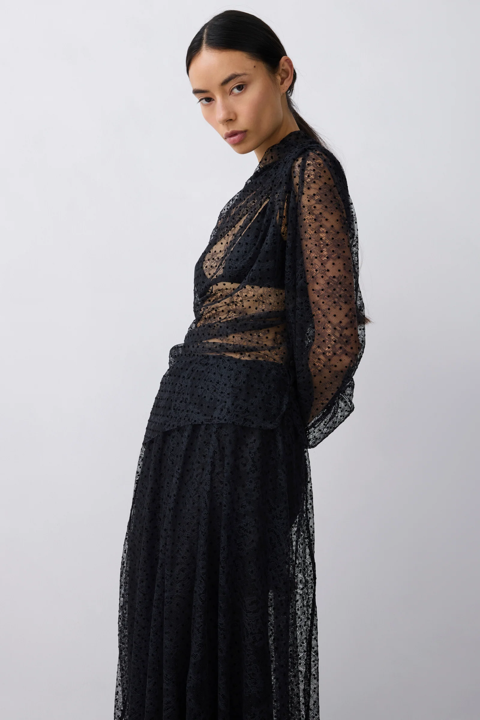 BLACK SPOT LACE DECODE LONG SLEEVE TOP - Image 4