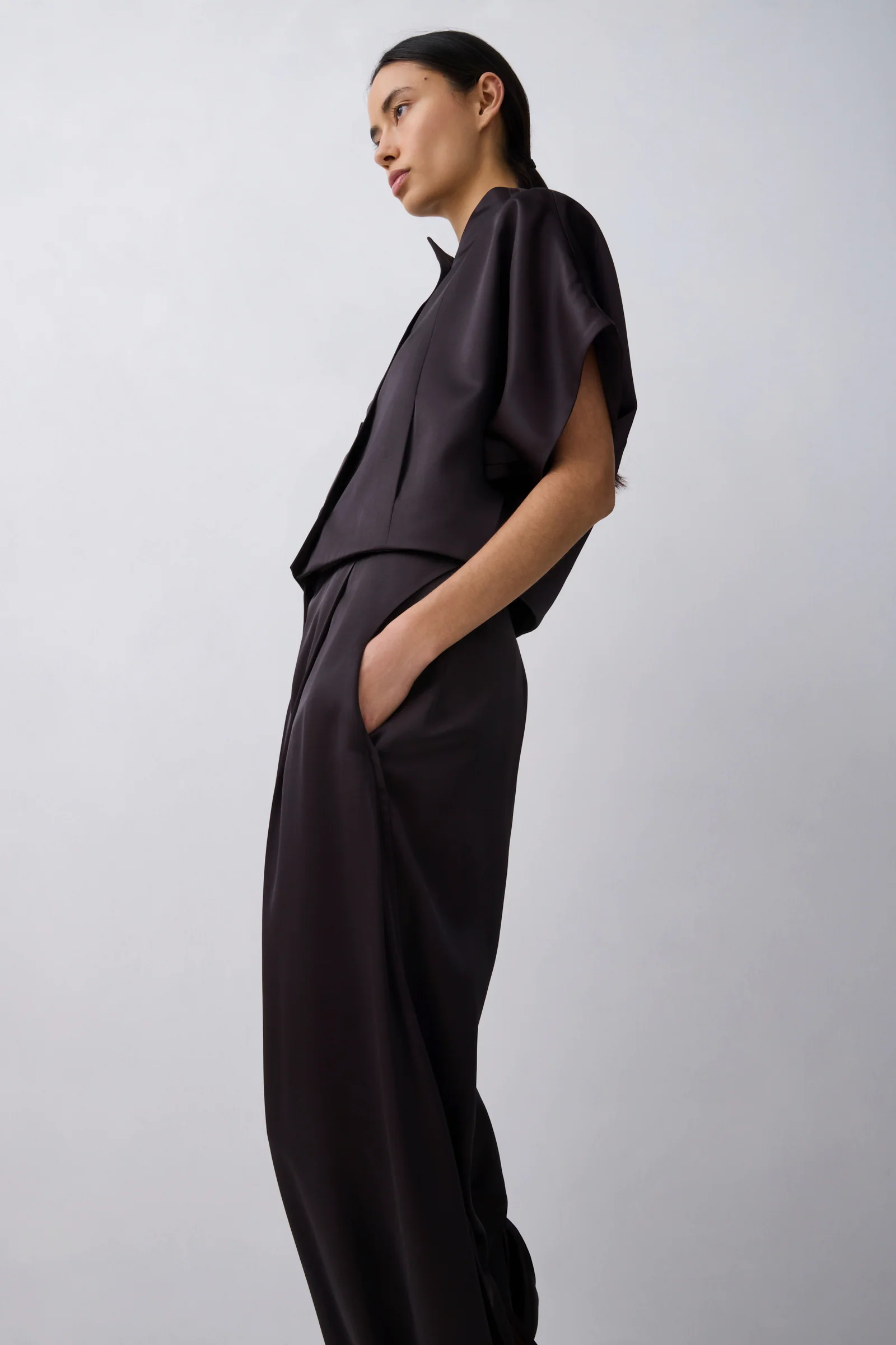 CHOCOLATE SATIN SUITING MUTUAL JACKET - Image 3