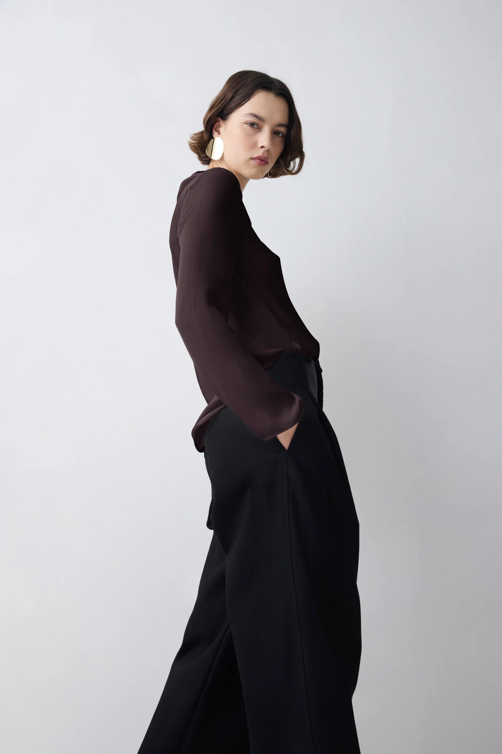 CHOCOLATE SILK SATIN CEZANNE LONG SLEEVE TOP - Image 3