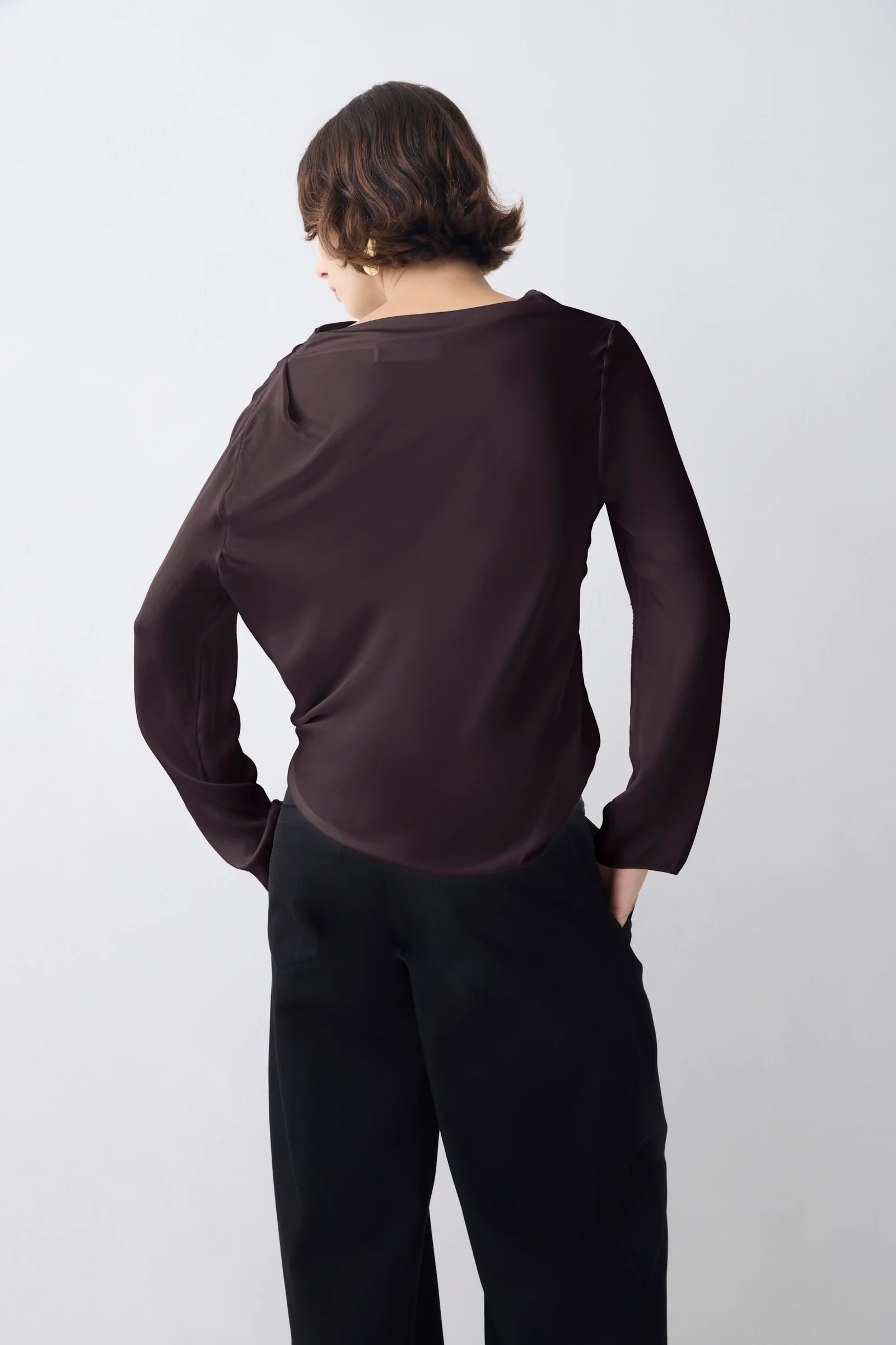 CHOCOLATE SILK SATIN CEZANNE LONG SLEEVE TOP - Image 4
