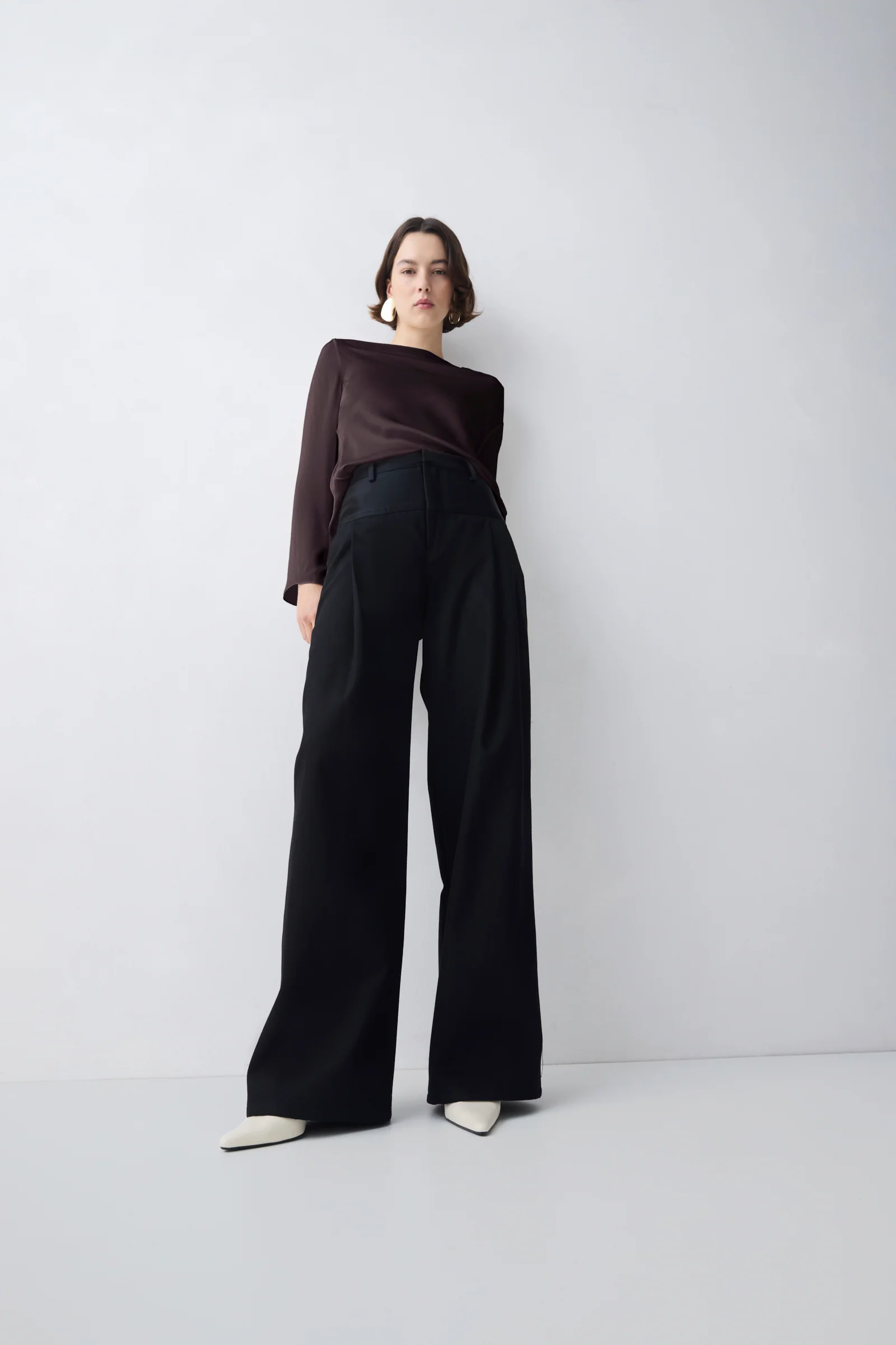 CHOCOLATE SILK SATIN CEZANNE LONG SLEEVE TOP - Image 5