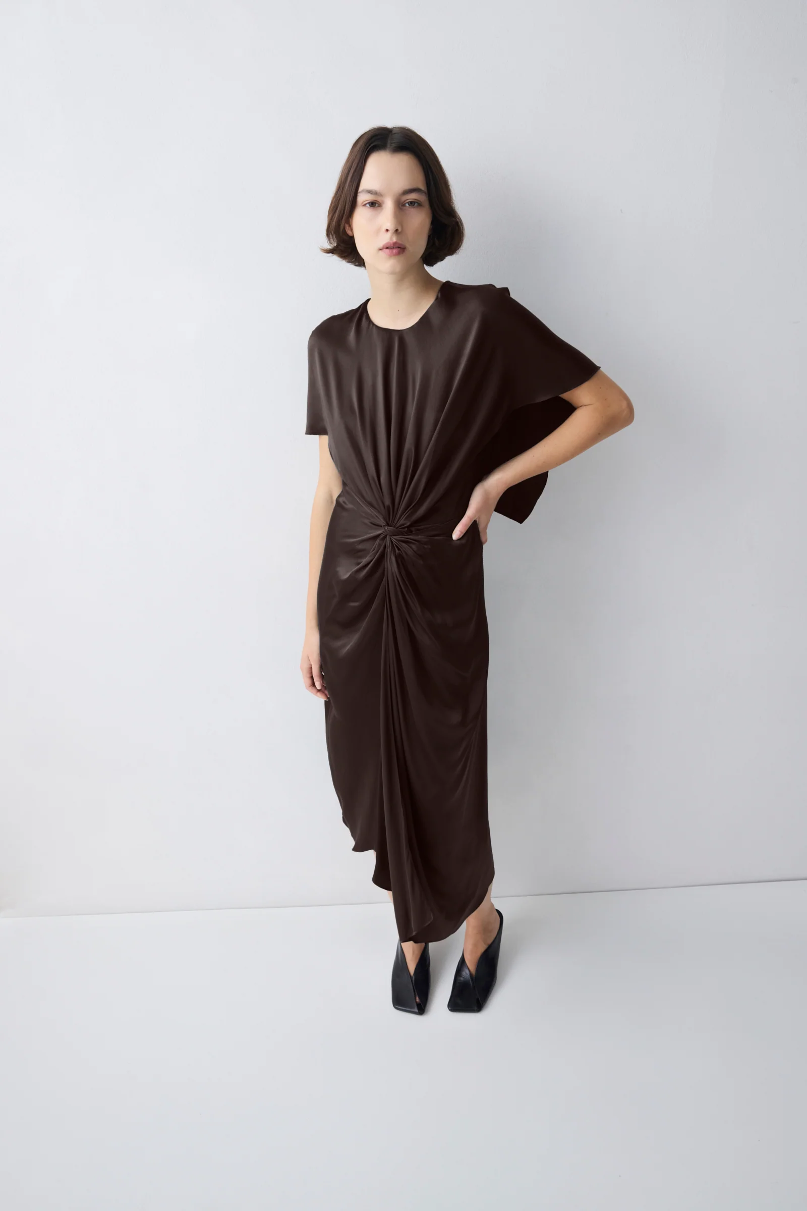 CHOCOLATE SILK SATIN ILLUSIONIST DRESS - Image 4