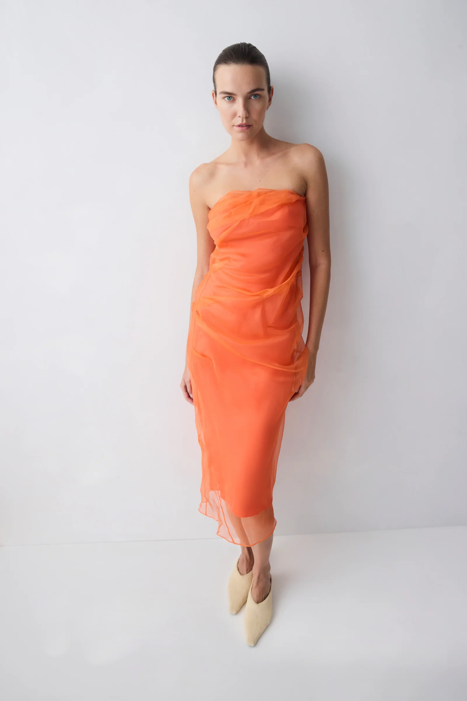 MANDARIN ORGANZA EMULATE STRAPLESS DRESS