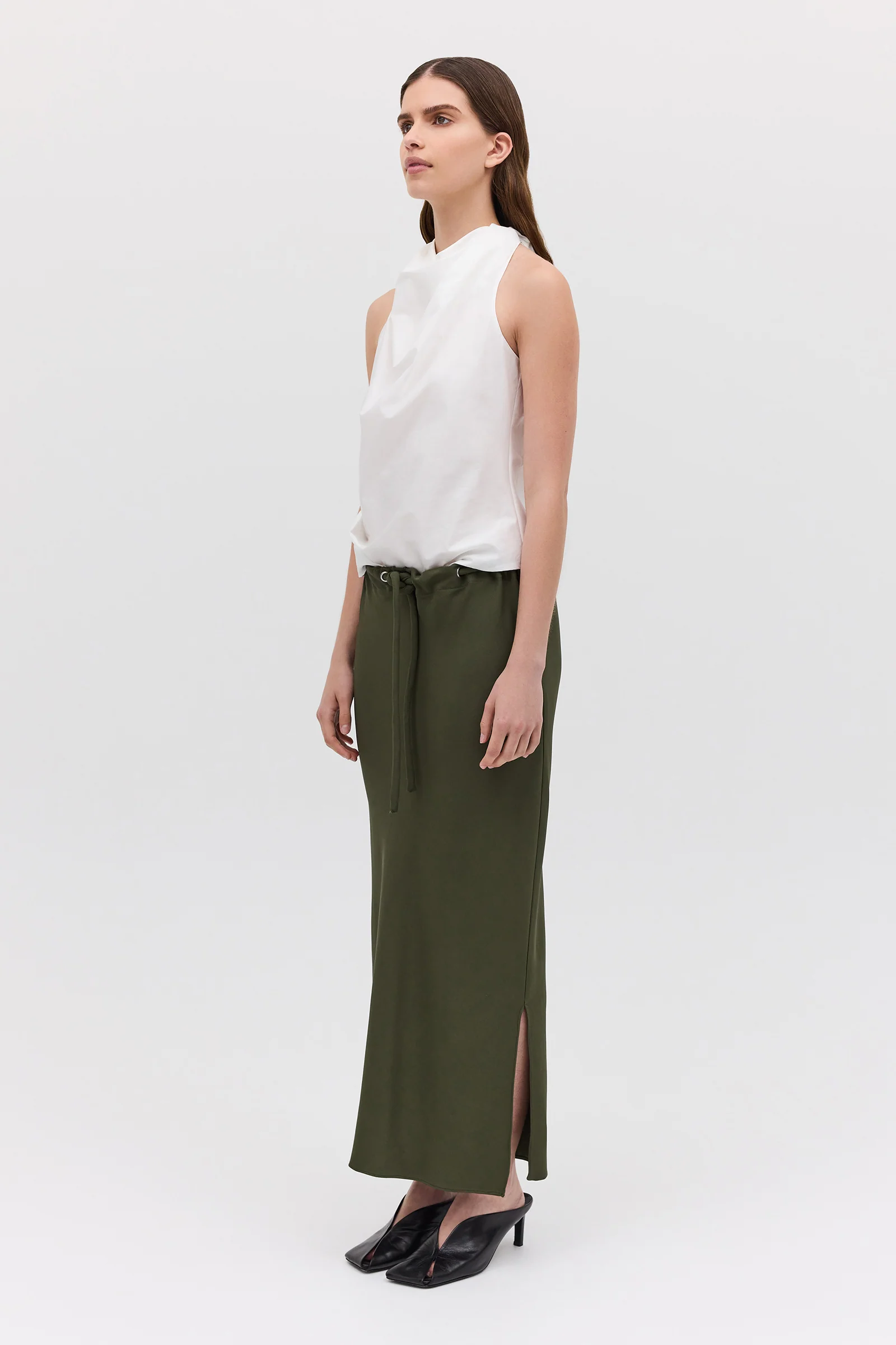 OLIVE CREPE SUITING RAFAEL SKIRT - Image 3